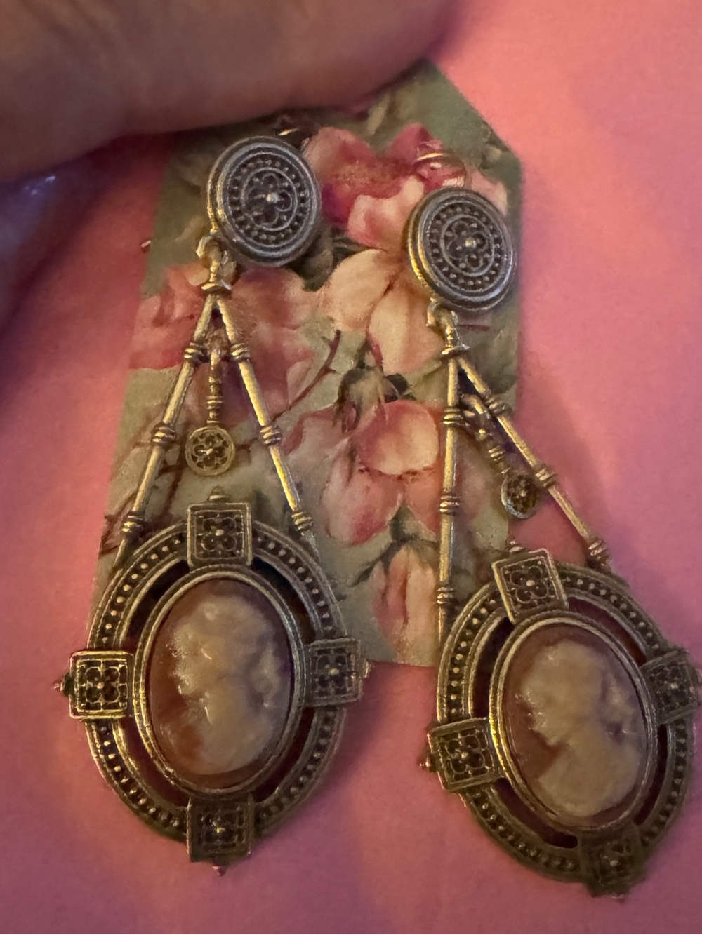 Gold-Tone Pink Cameo Drop Earrings — Vintage Style